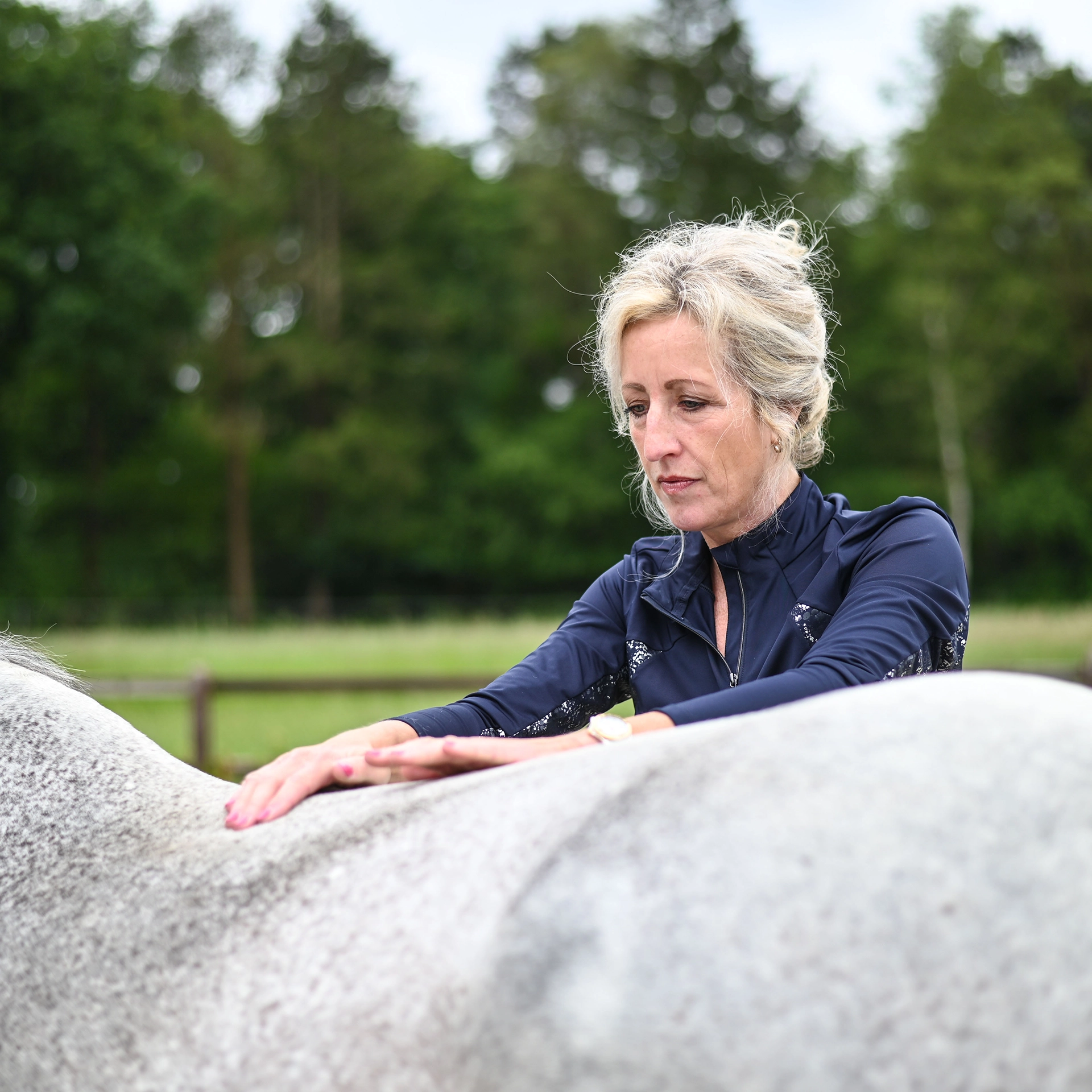 Sabrina Barmentloo van 'Osteopaat voor je Paard' voert een zorgvuldige inspectie uit op de rug van een wit paard. Deze afbeelding illustreert een blog over de anatomische overeenkomsten en verschillen tussen mensen en paarden, met nadruk op skeletstructuur, spijsverteringsstelsel, zintuigen, ademhalingsstelsel, en functionele aanpassingen zoals beweging, snelheid, voeding, en communicatie.